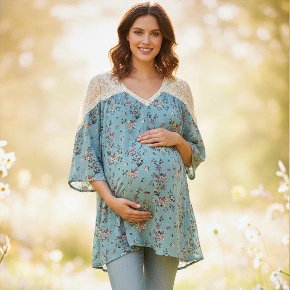 Liz Lange Maternity Teal and Floral and Ivory Floral Lace design Size Medium - Picture 1 of 12